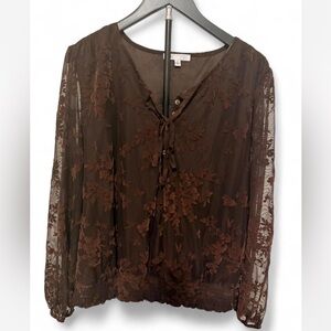 R2 Brown Sheer Floral Lace Tie-Front Blouse